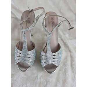 De Blossom Collection Silver Glitter Rhinestone T Strap Heels Women‎